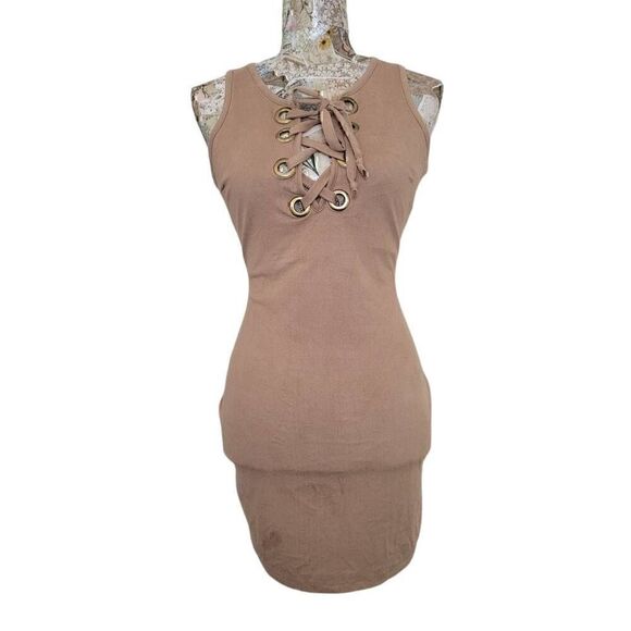 Goodtime USA Tan Neutral Soft Microfiber Stretch Sexy Body Hugging Short Dress - Picture 11 of 11